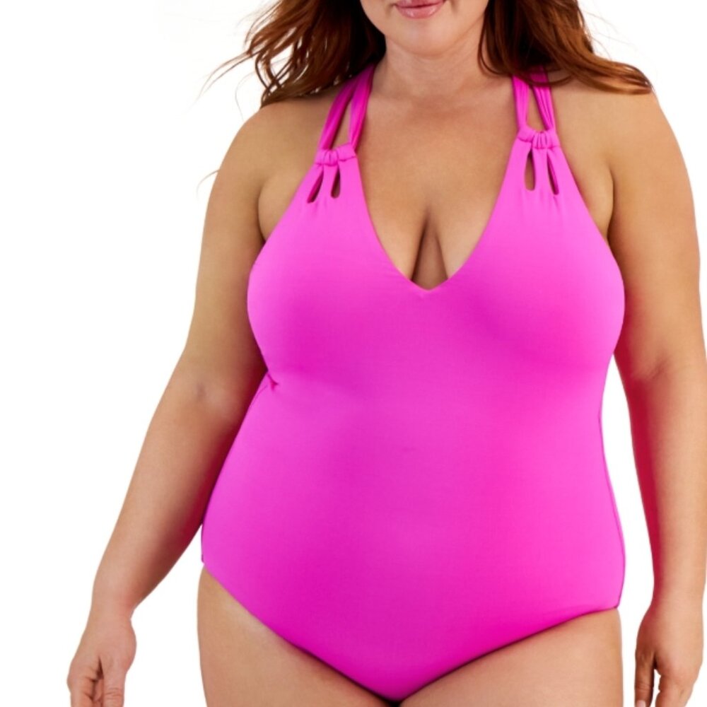 Becca Etc Plus Size Color Code Double-Strap One-Piece Swimsuit - Pink Flambe